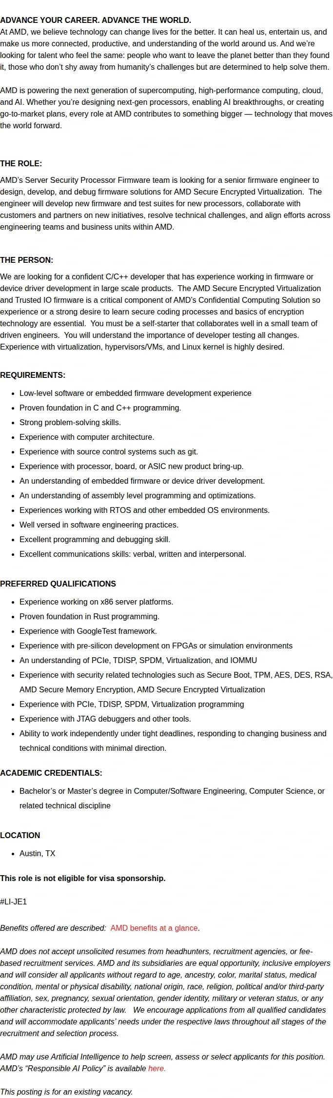 AMD Sr. Firmware Engineer 채용공고