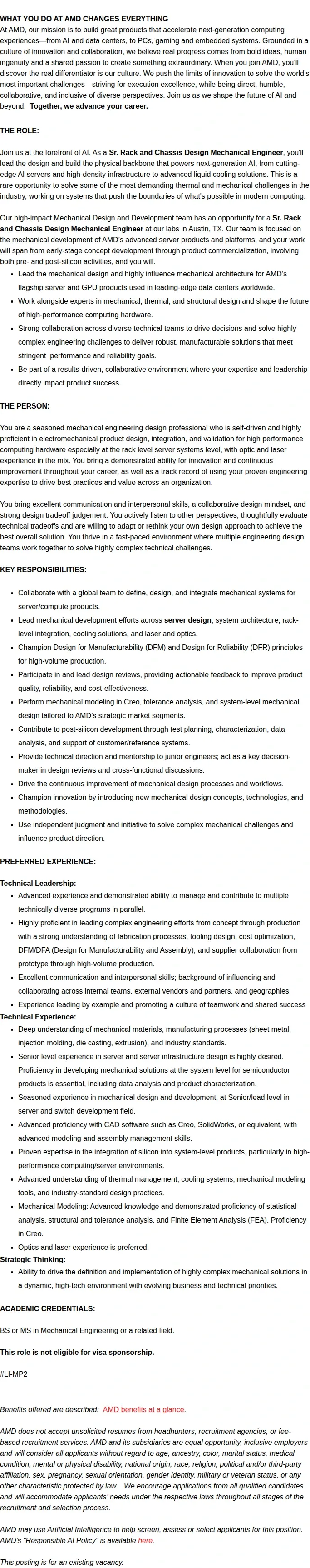 AMD Sr. Rack and Chassis Design Mechanical Engineer 채용공고