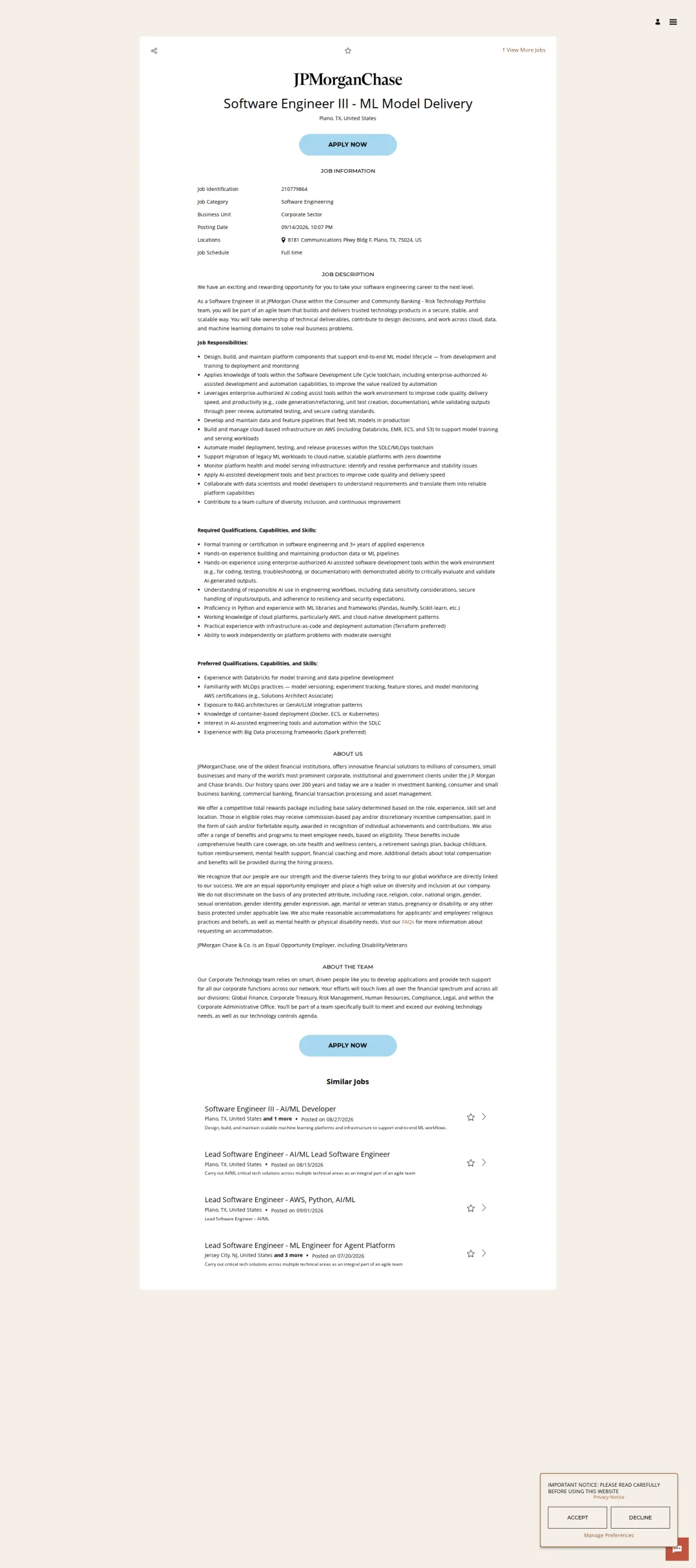 JPMorganChase Software Engineer III - ML Model Delivery 채용공고
