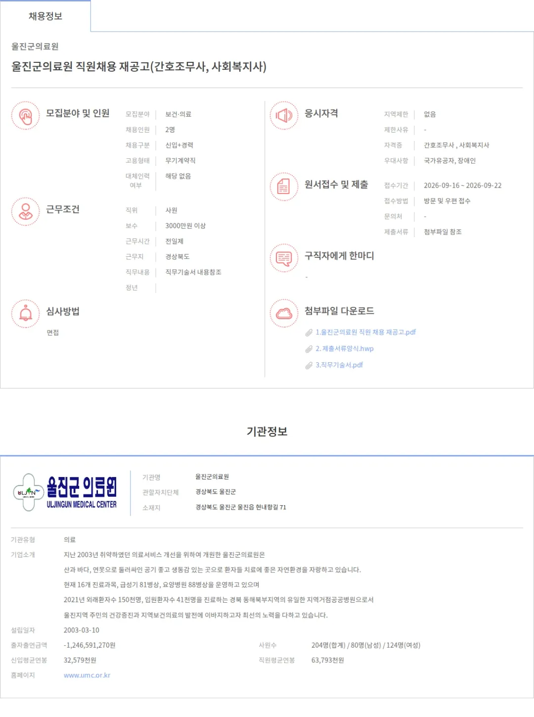 울진군의료원 울진군의료원 직원채용 재공고(간호조무사, 사회복지사) 채용공고