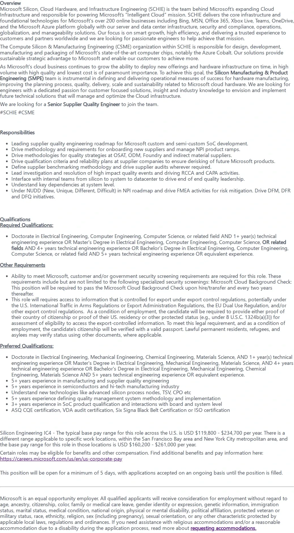 마이크로소프트(Microsoft) Senior Supplier Quality Engineer 채용공고