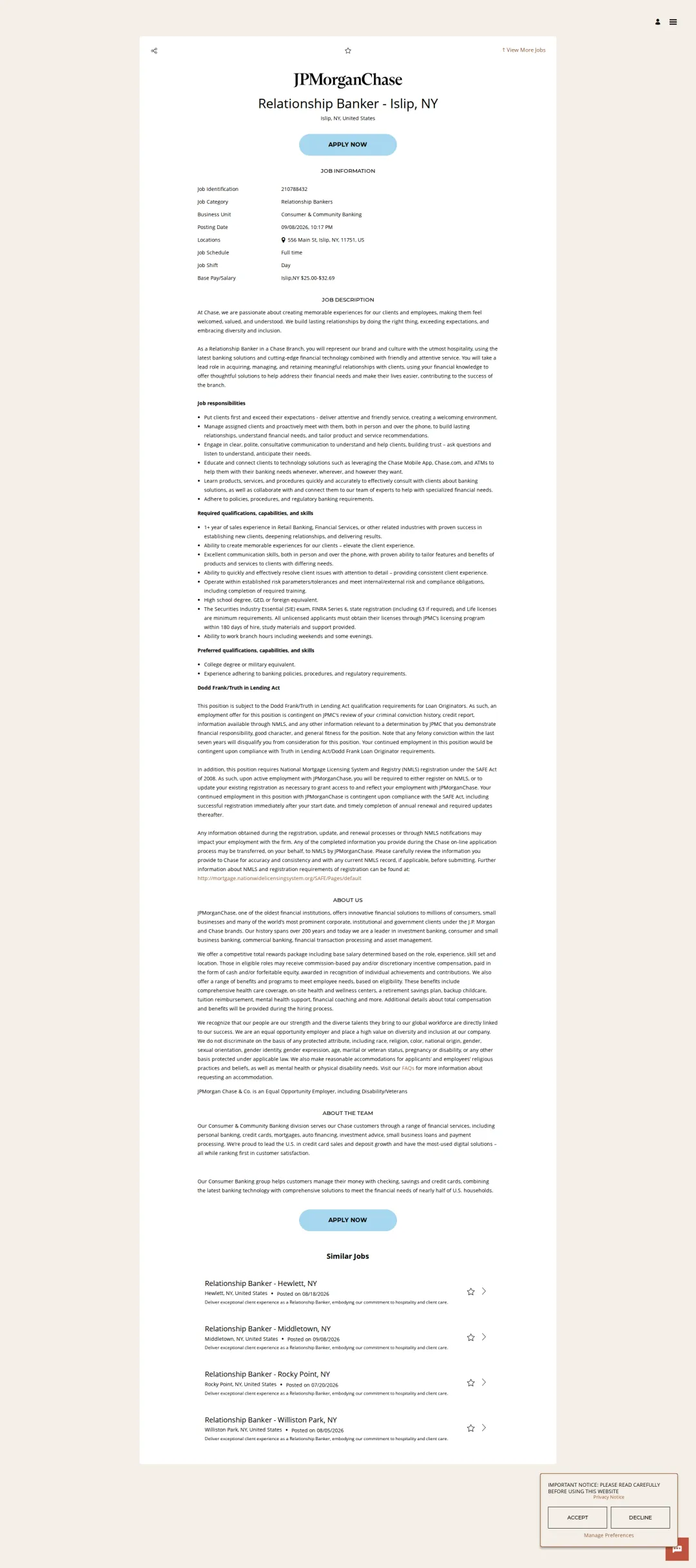 JPMorganChase Relationship Banker - Islip, NY 채용공고
