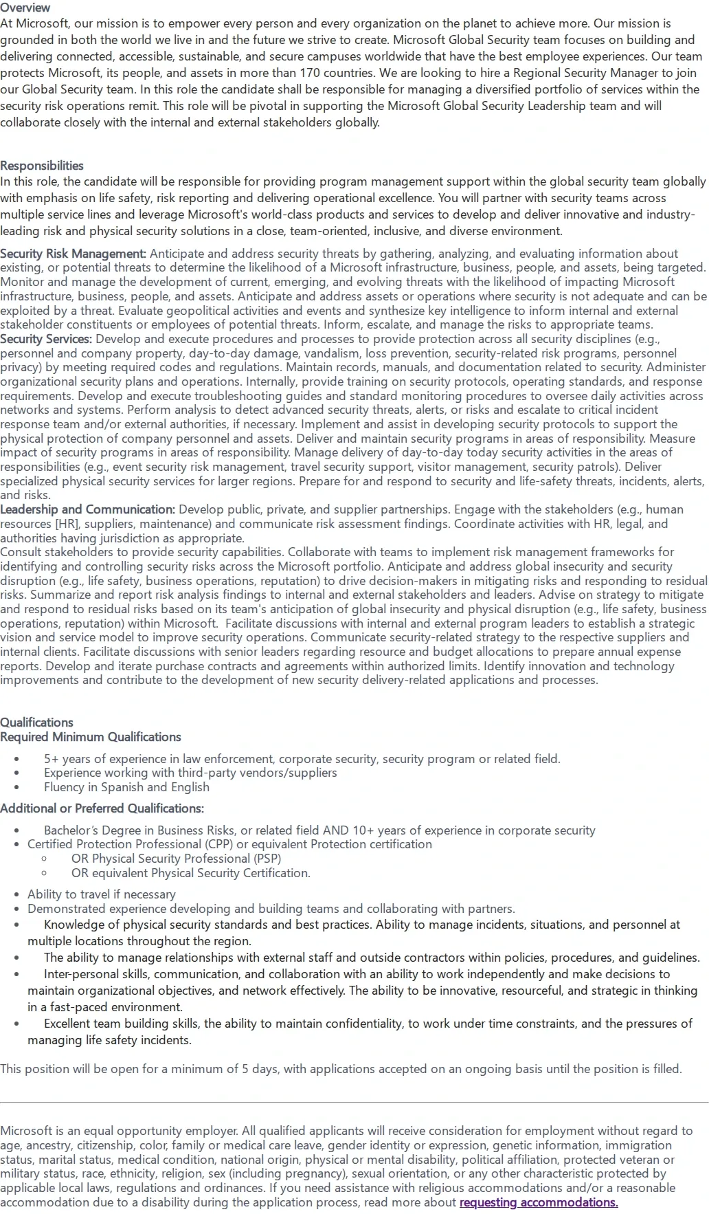 마이크로소프트(Microsoft) Regional Security Manager - Americas Security Operations 채용공고