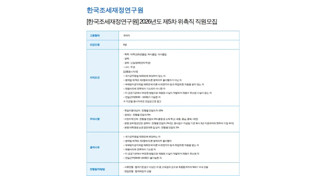 한국조세재정연구원 [한국조세재정연구원] 2026년도 제5차 위촉직 직원모집 채용공고