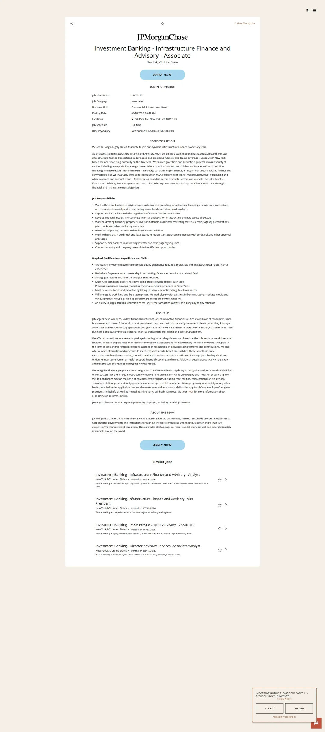 JPMorganChase Investment Banking - Infrastructure Finance and Advisory - Associate 채용공고