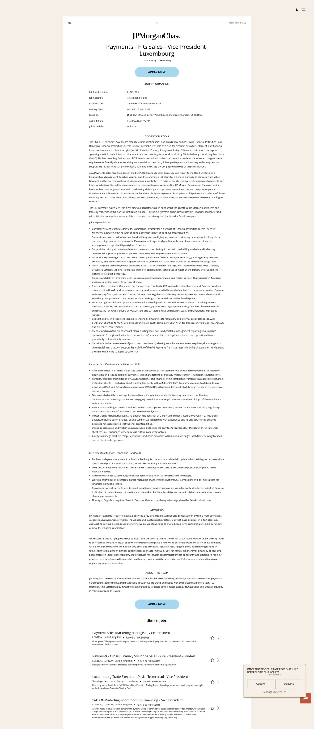 JPMorganChase Payments - FIG Sales - Vice President- Luxembourg 채용공고