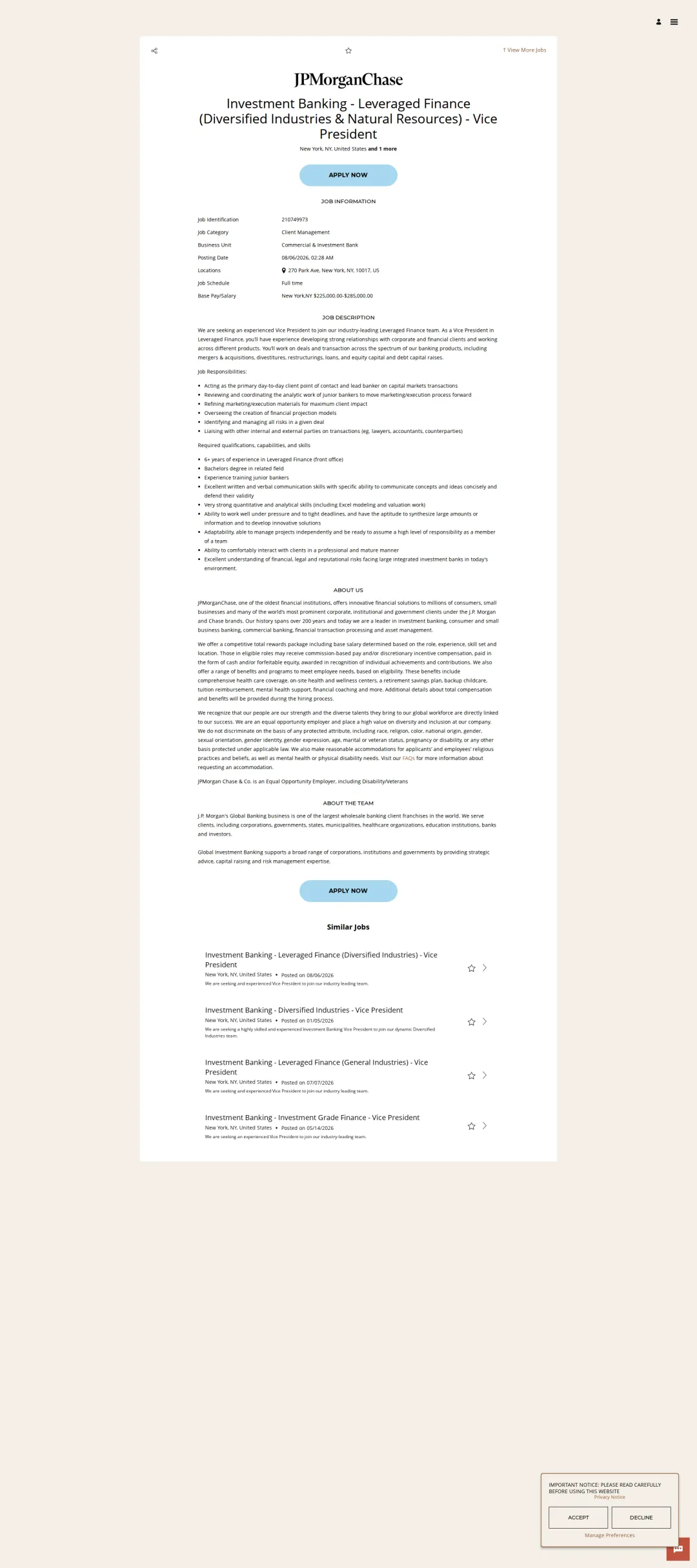 JPMorganChase Investment Banking - Leveraged Finance (Diversified Industries & Natural Resources) - Vice President 채용공고