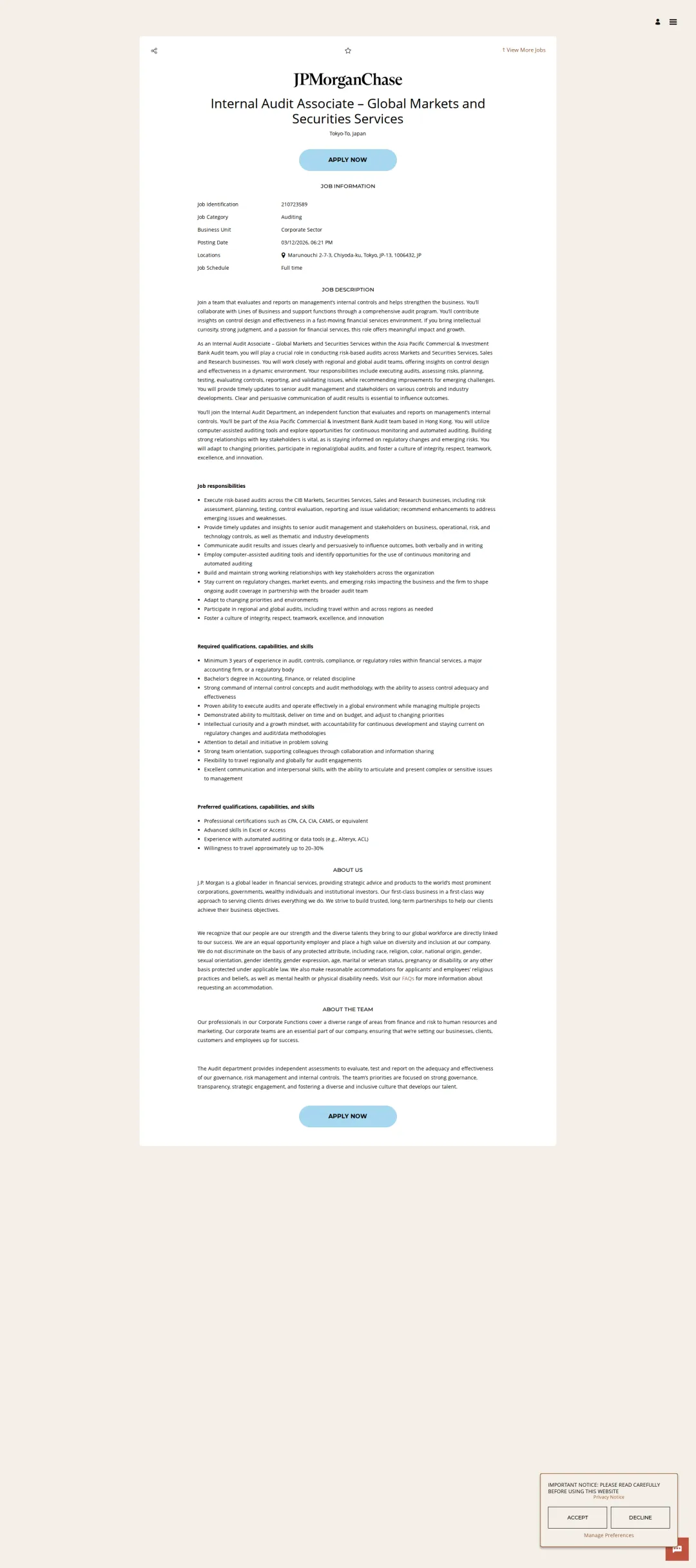 JPMorganChase Internal Audit Associate – Global Markets and Securities Services 채용공고