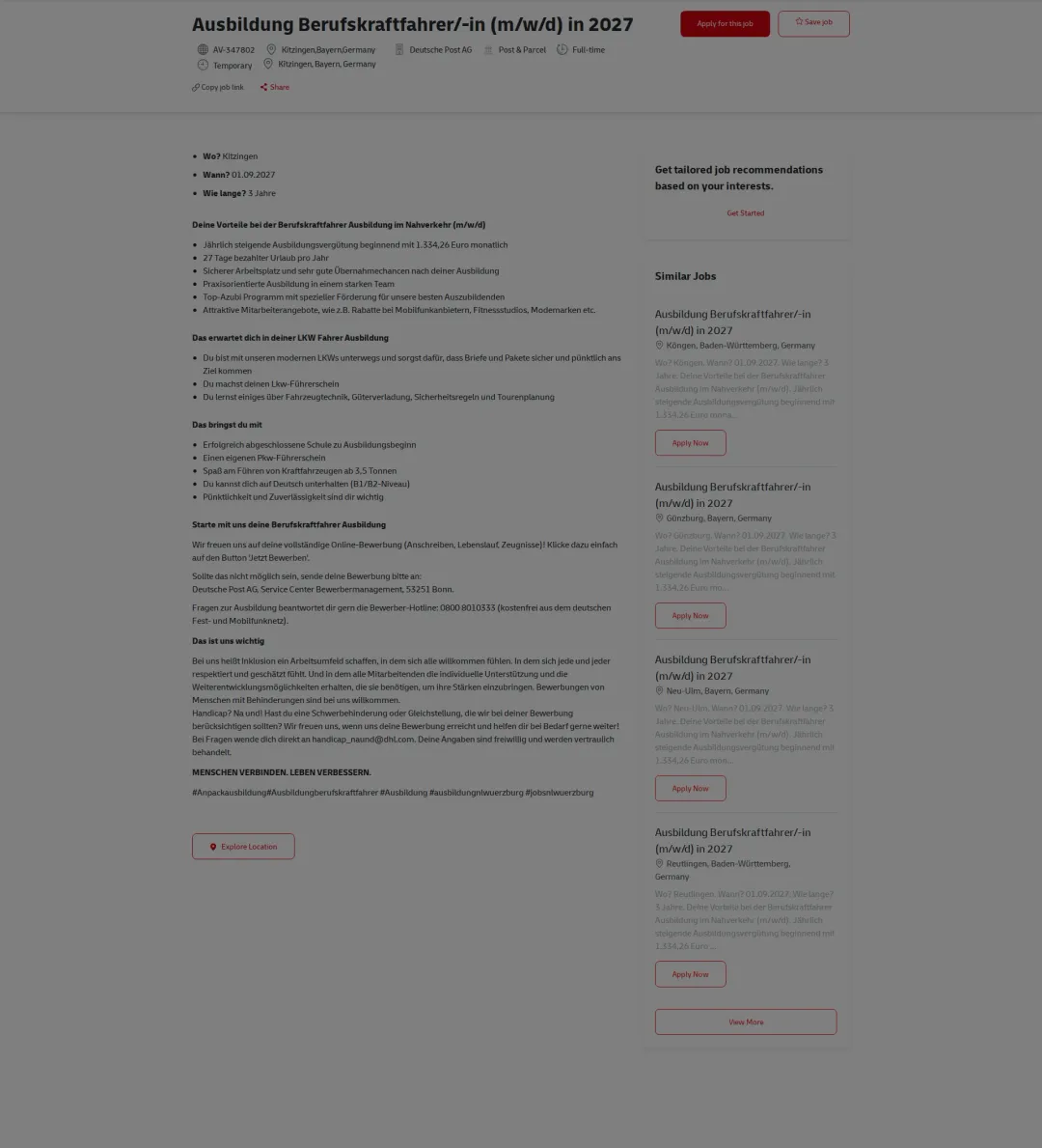 DHL Ausbildung Berufskraftfahrer/-in (m/w/d) in 2027 채용공고