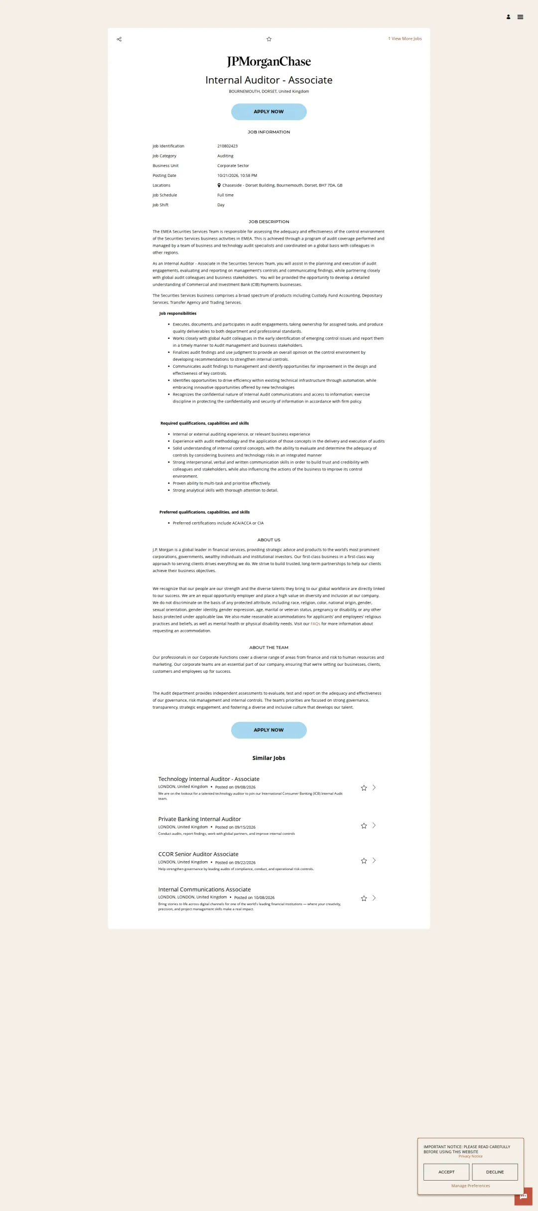 JPMorganChase Internal Auditor - Associate 채용공고