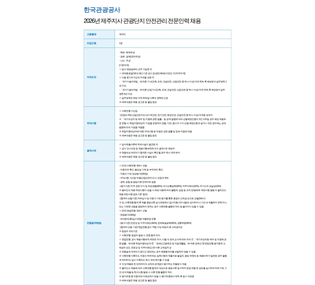 한국관광공사 2026년 제주지사 관광단지 안전관리 전문인력 채용 채용공고