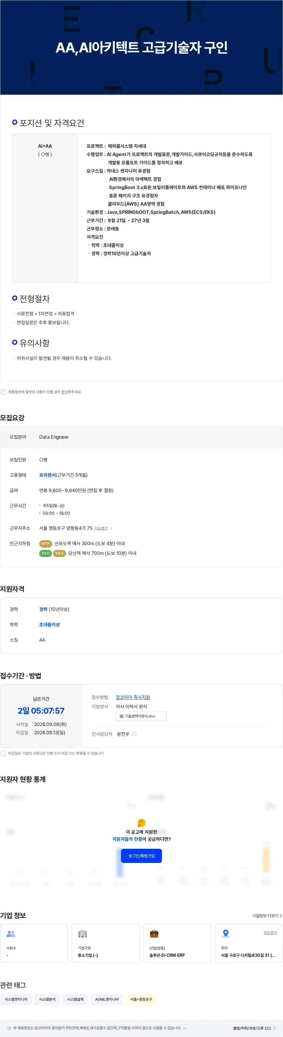 보람정보기술 AA,AI아키텍트 고급기술자 채용공고