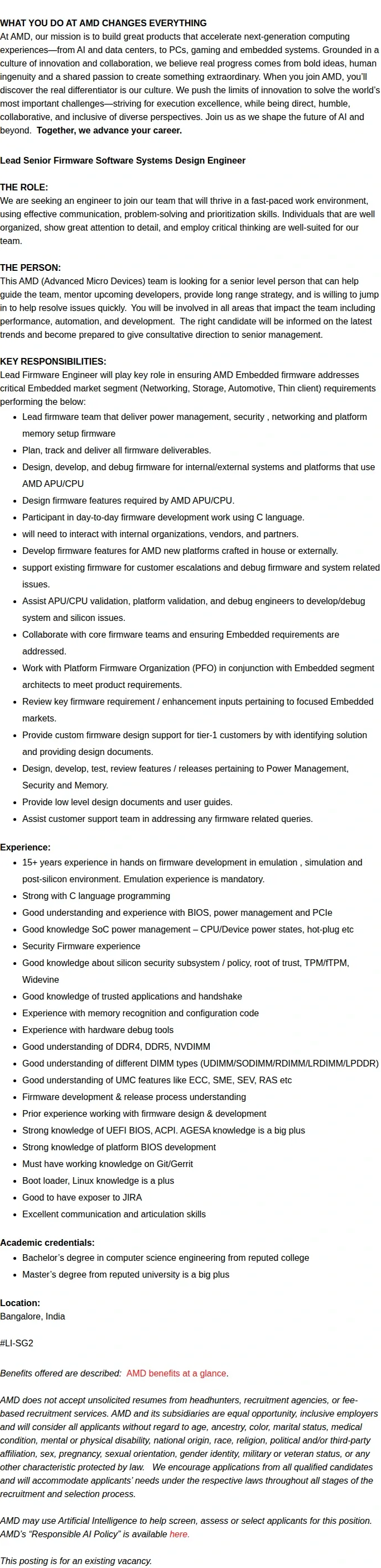 AMD Lead Firmware - Software System Design Eng. 채용공고