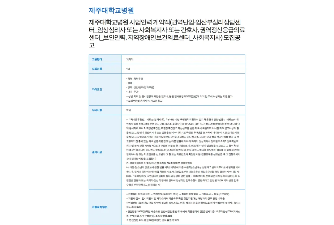 제주대학교병원 제주대학교병원 사업인력 계약직(권역난임·임산부심리상담센터_임상심리사 또는 사회복지사 또는 간호사, 권역정신응급의료센터_보안인력, 지역장애인보건의료센터_사회복지사) 모집공고 채용공고