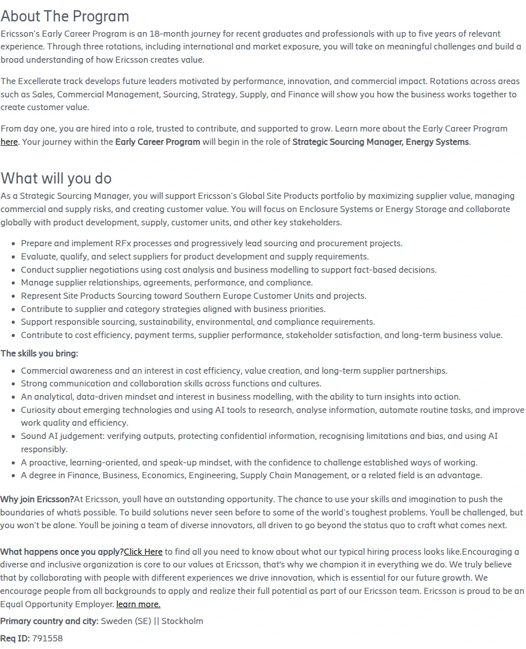 LG에릭슨 Strategic Sourcing Manager, Energy Systems | Early Career Program 채용공고