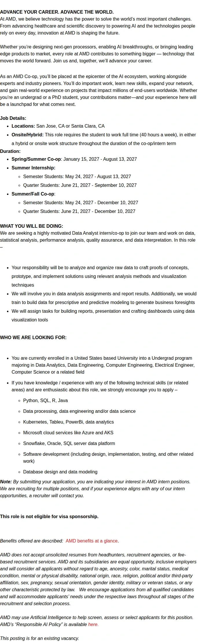AMD 2027 Undergrad Data Analyst Intern/co-op 채용공고