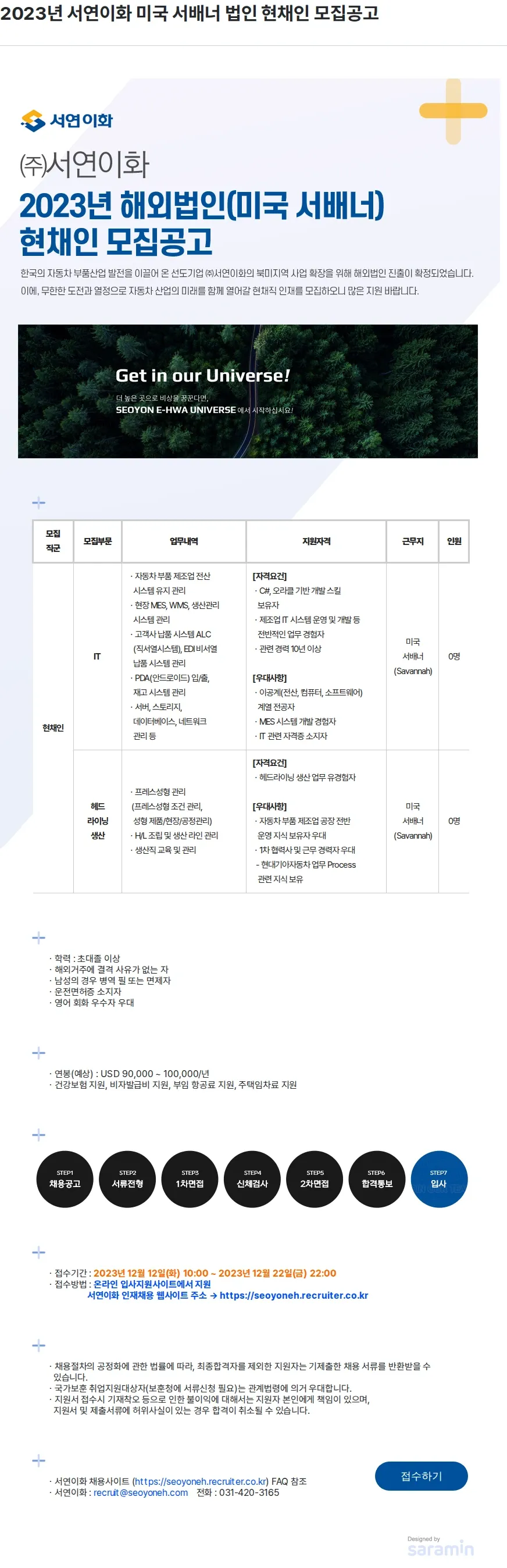 서연이화 2023년 서연이화 미국 서배너 법인 현채인 모집공고 채용공고