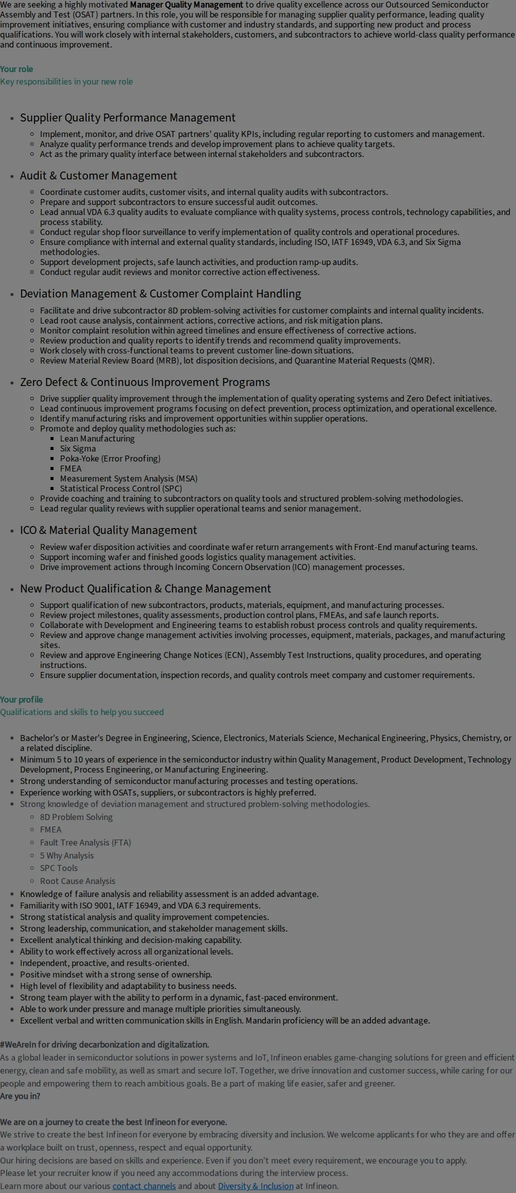 인피니언테크놀로지스코리아 Manager Quality Management 채용공고