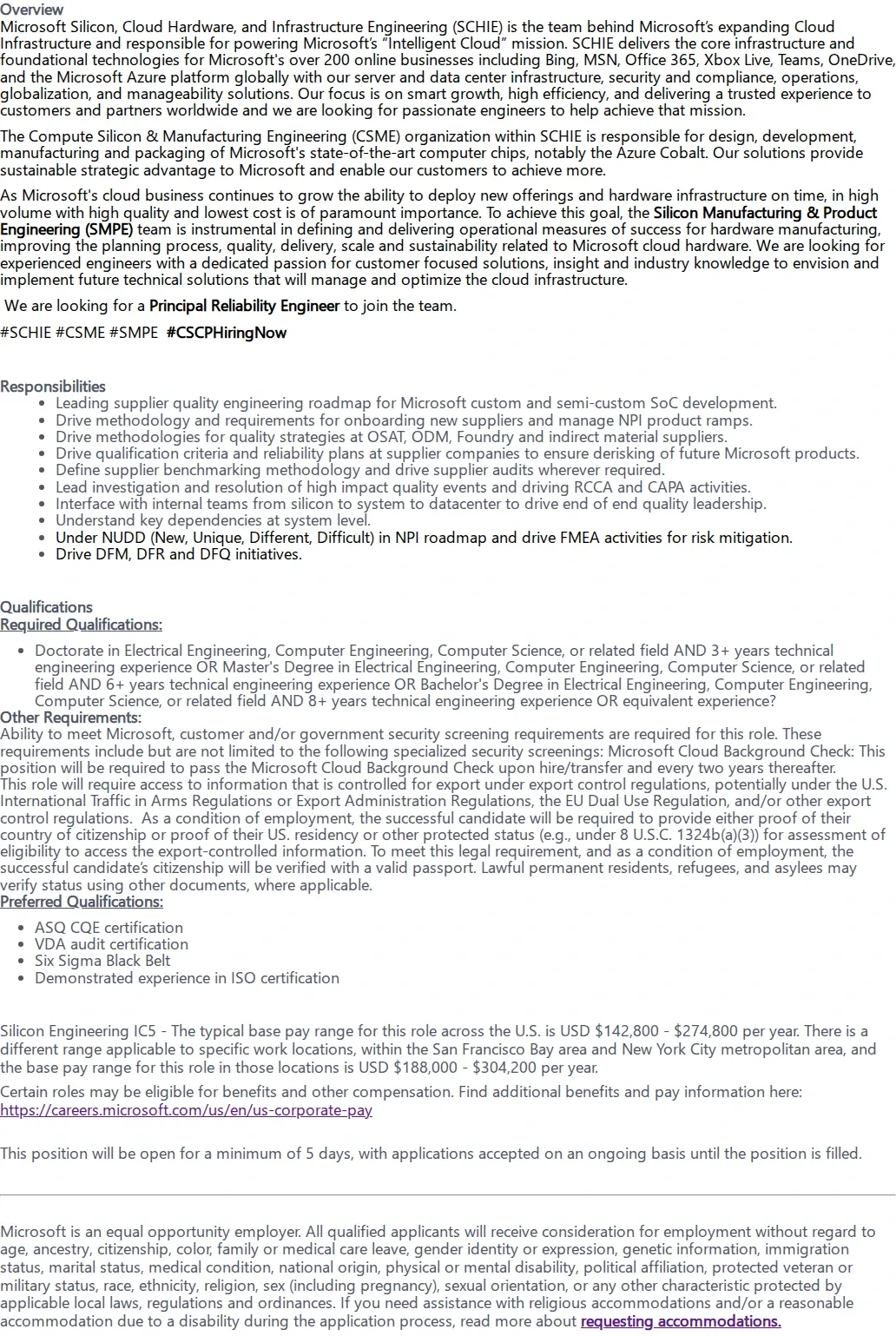 마이크로소프트(Microsoft) Principal Reliability Engineer 채용공고
