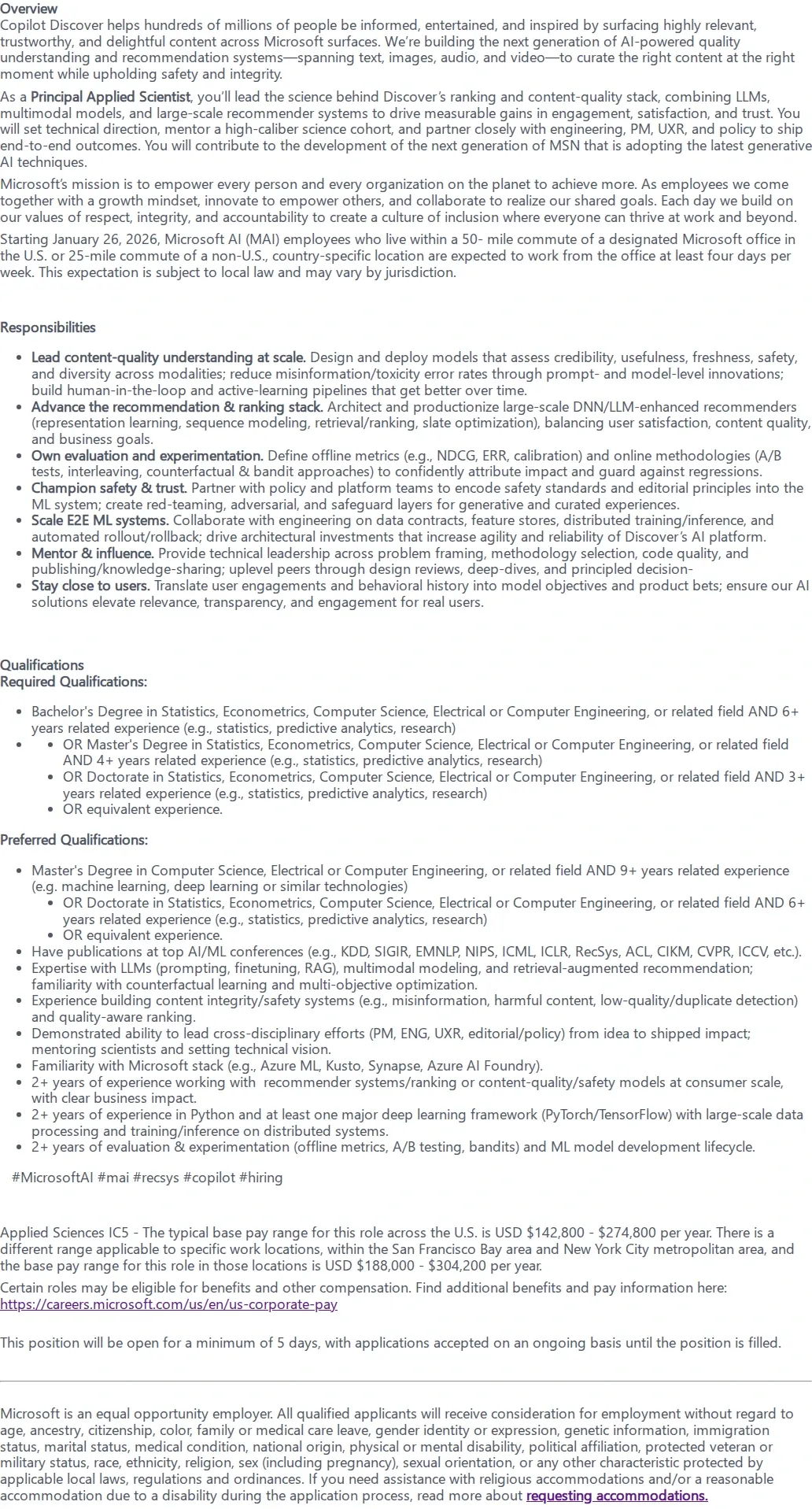 마이크로소프트(Microsoft) Principal Applied Scientist 채용공고