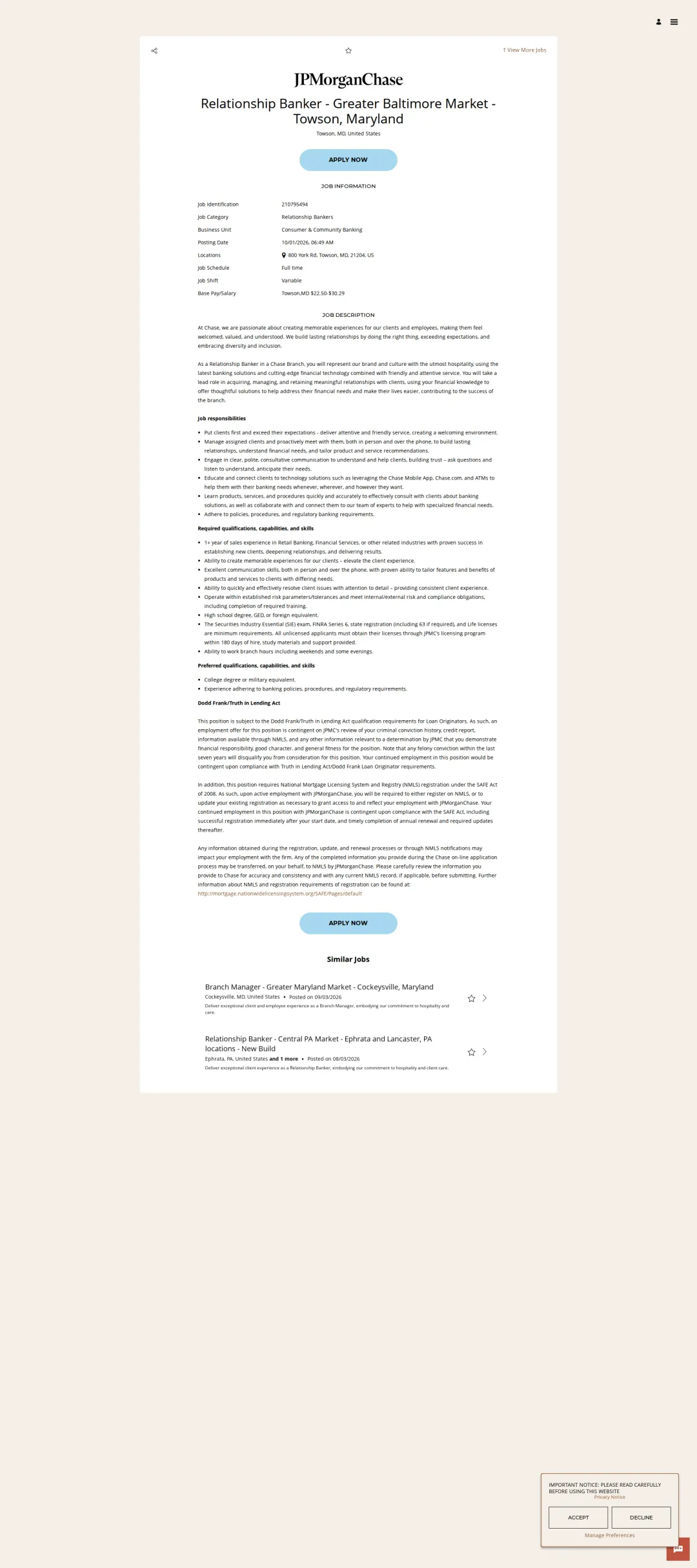 JPMorganChase Relationship Banker - Greater Baltimore Market - Towson, Maryland 채용공고