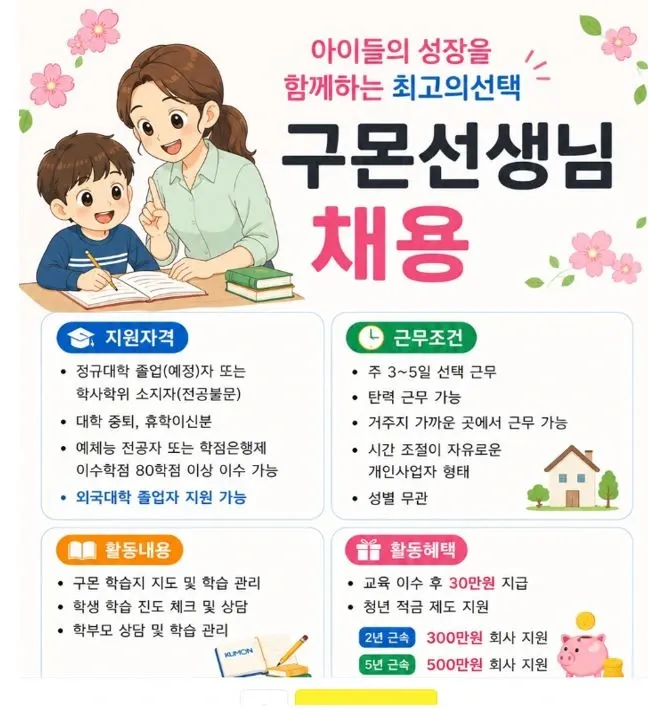 교원구몬 [유아 초저 회원 학습 관리 선생님]신입 가능/지정 관리 지역/ 주2~3일가능 채용공고