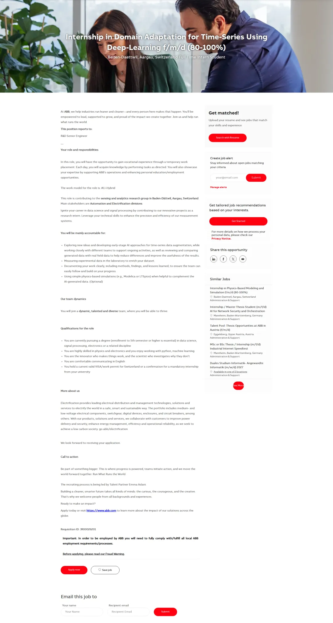 ABB코리아 Internship in Domain Adaptation for Time-Series Using Deep-Learning f/m/d (80-100%) 채용공고