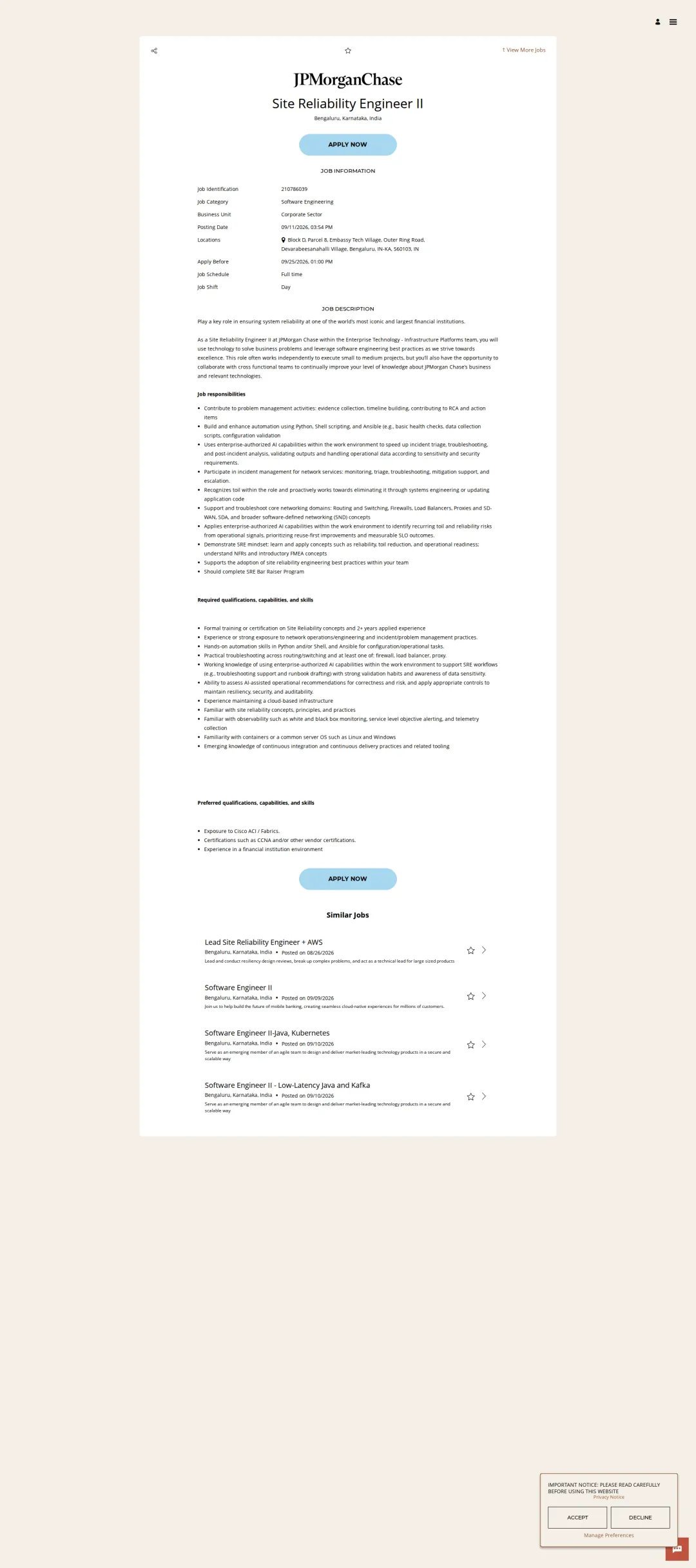 JPMorganChase Site Reliability Engineer II 채용공고