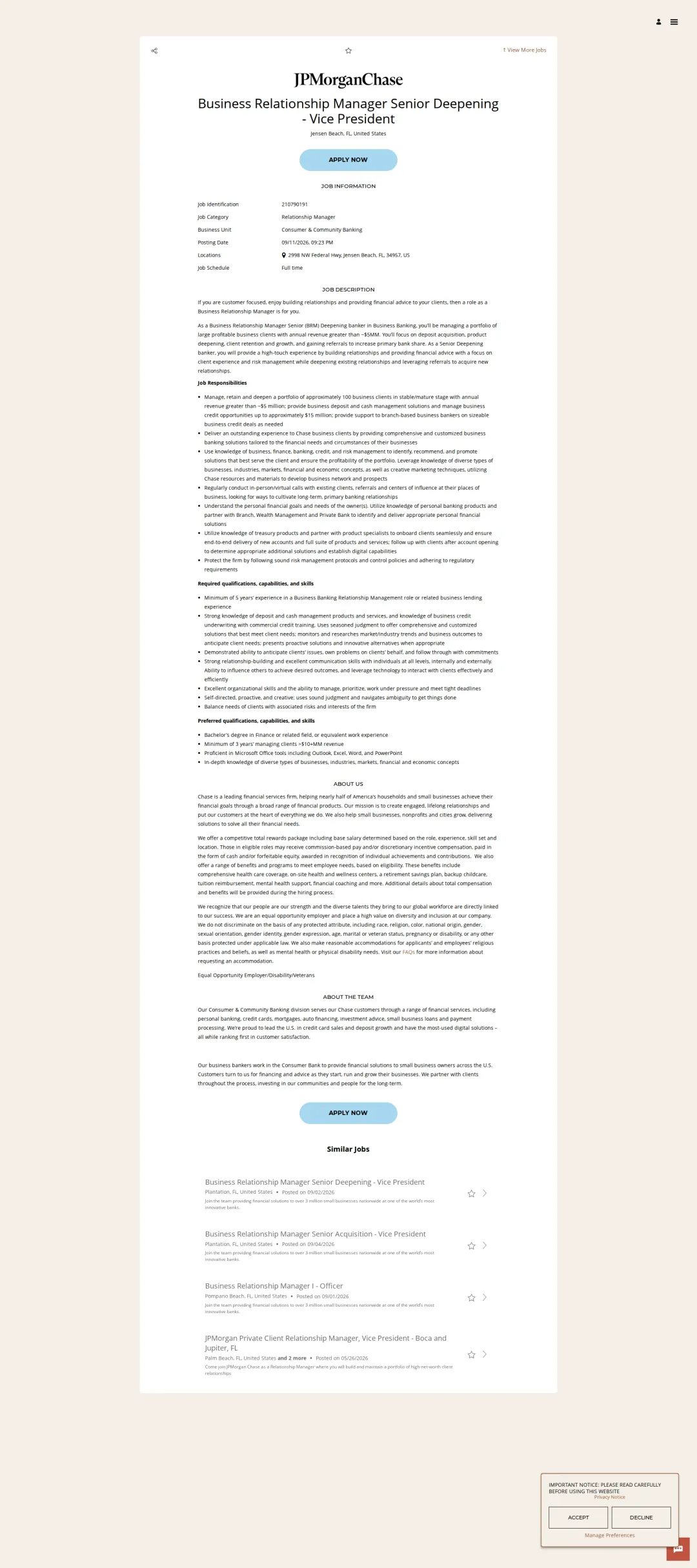 JPMorganChase Business Relationship Manager Senior Deepening - Vice President 채용공고