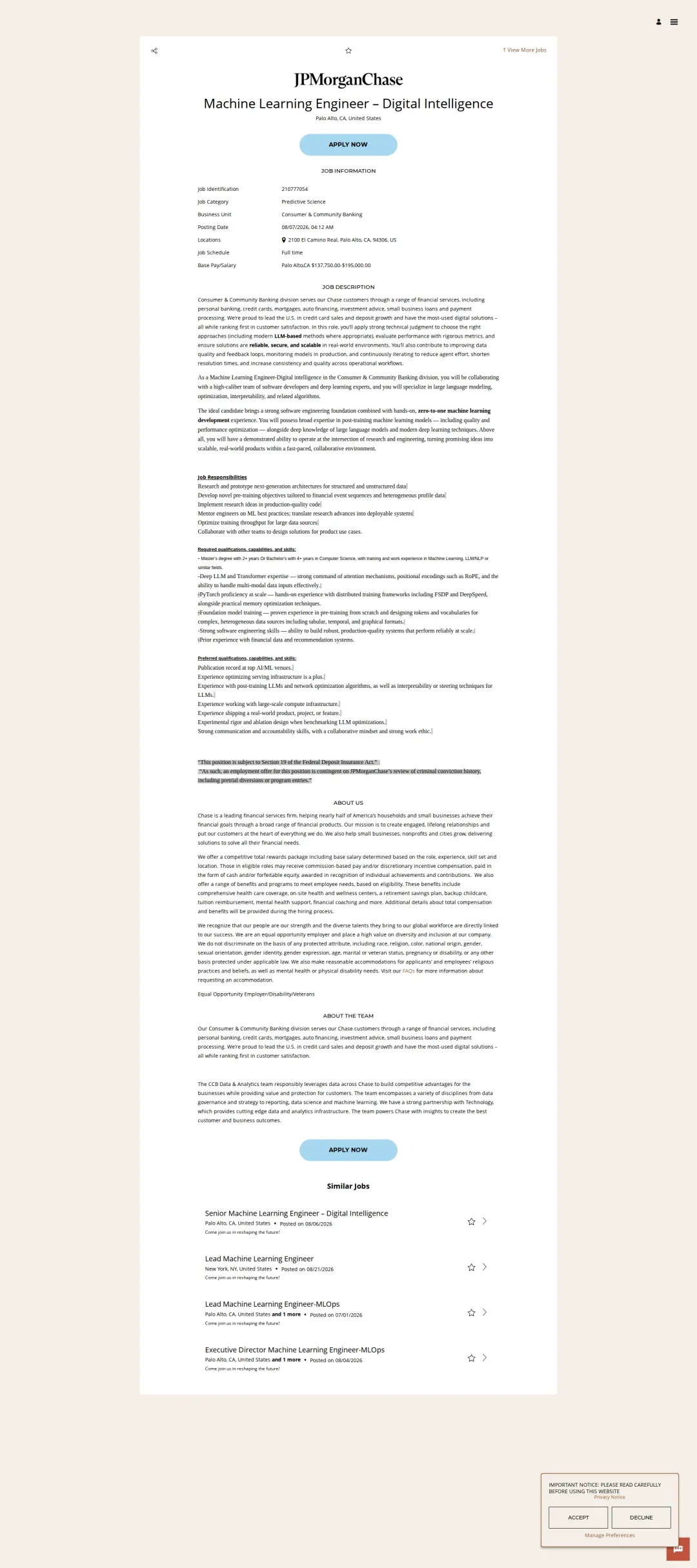 JPMorganChase Machine Learning Engineer – Digital Intelligence 채용공고