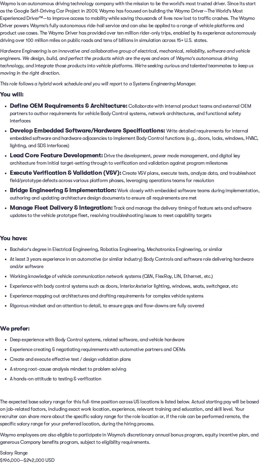 웨이모 Senior Systems Engineer,  Vehicle Body Control Systems 채용공고