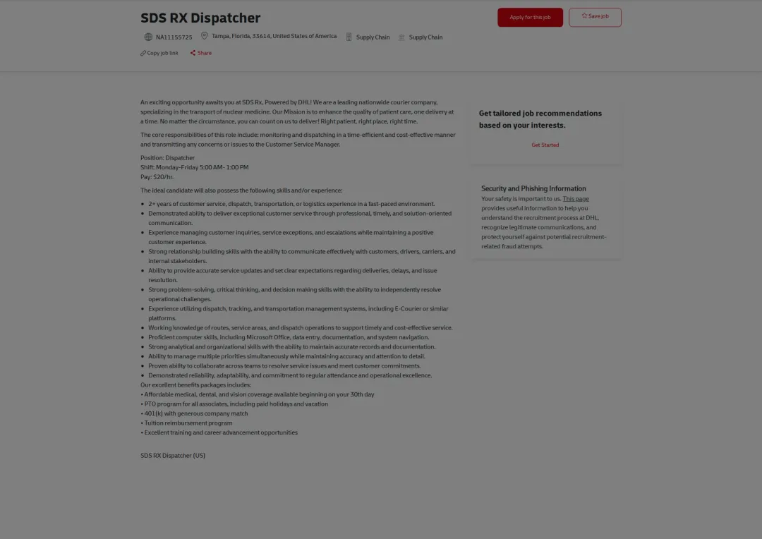 DHL SDS RX Dispatcher 채용공고
