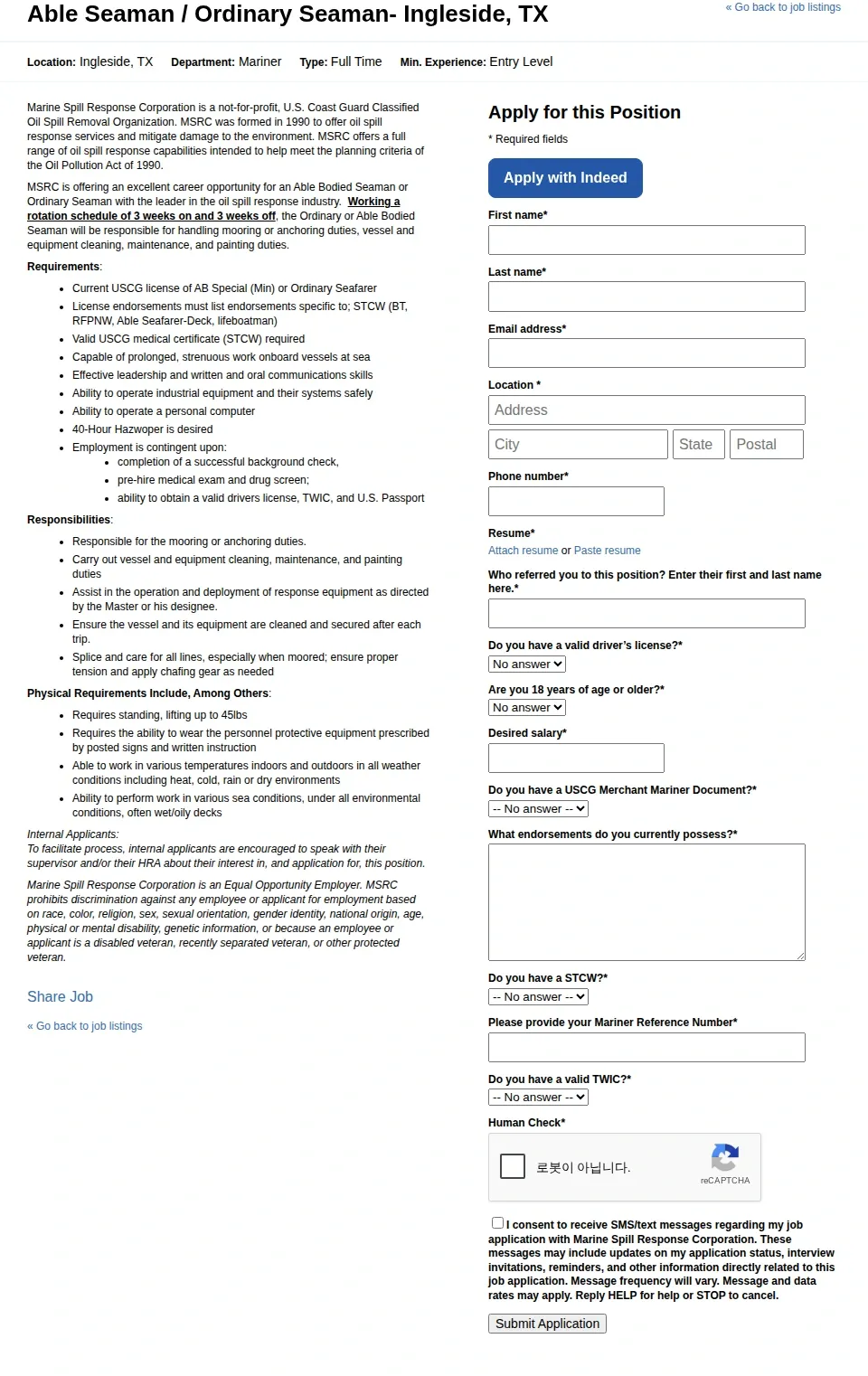 Marine Spill Response Corporation Able Seaman / Ordinary Seaman- Ingleside, TX 채용공고