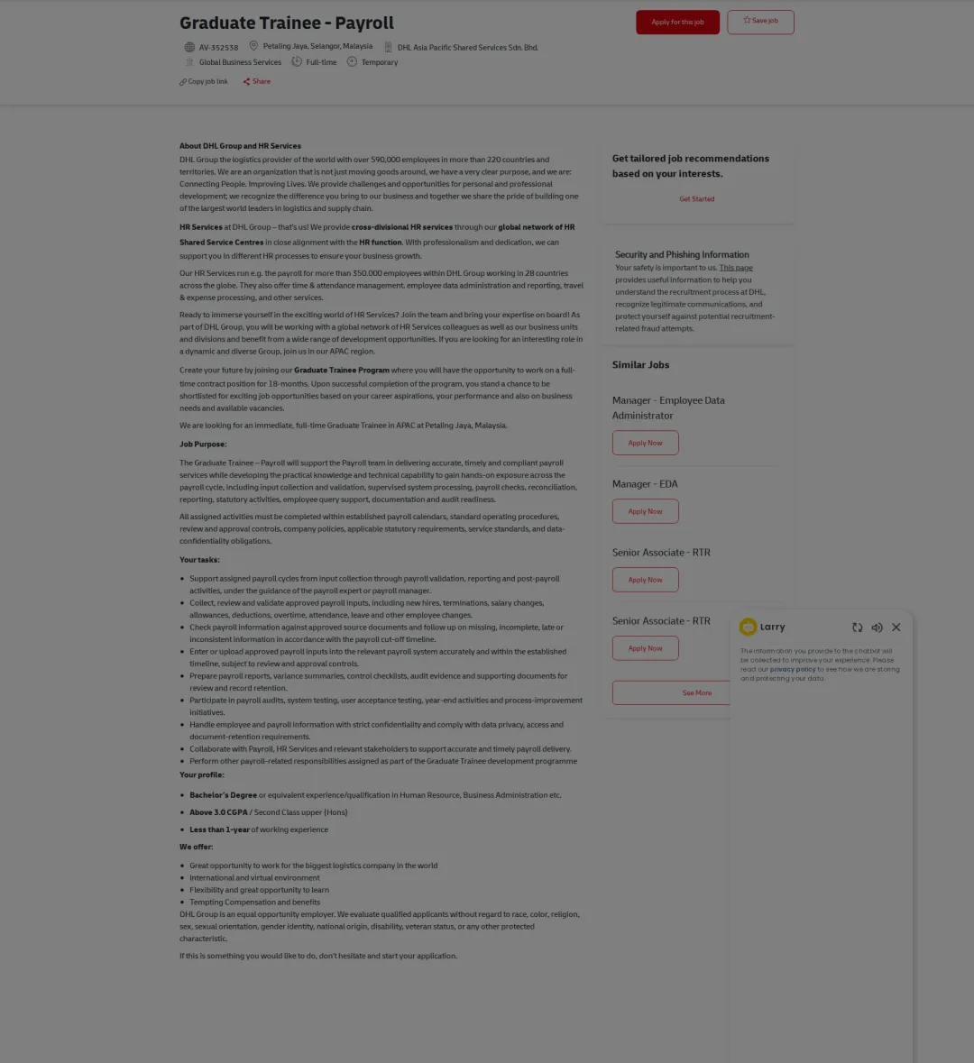 DHL Graduate Trainee - Payroll 채용공고