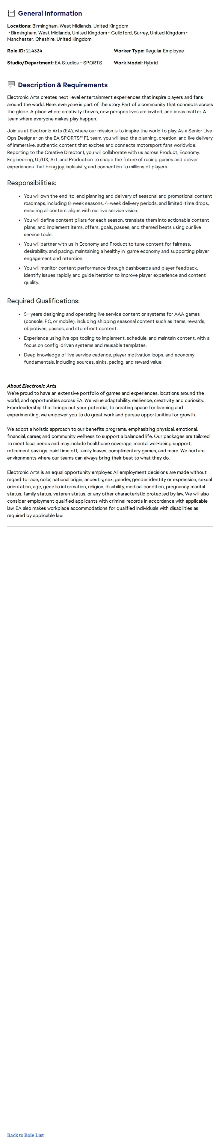 ElectronicArts Senior Live Ops Designer - EA Sports 채용공고