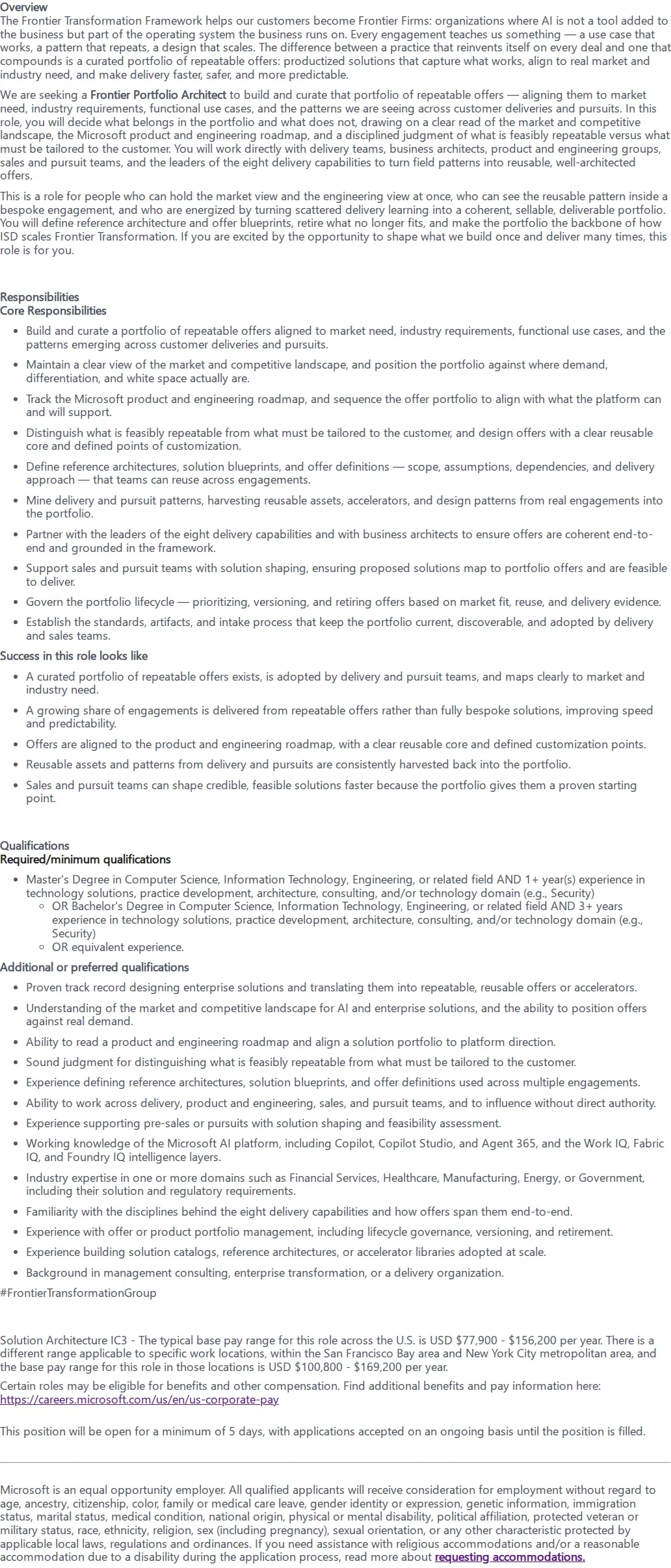 마이크로소프트(Microsoft) Frontier Portfolio Architect 채용공고