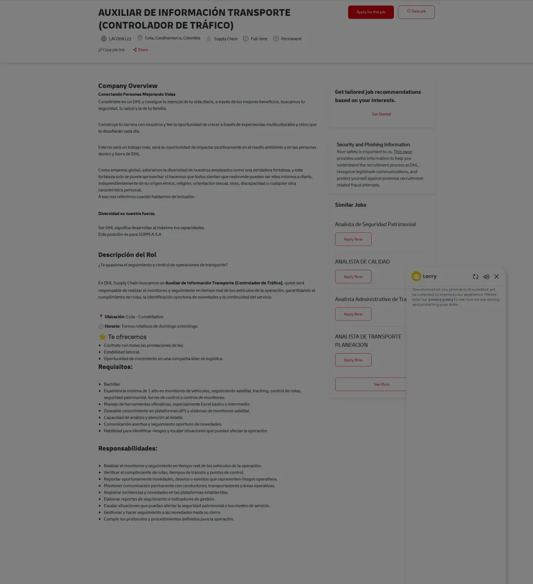 DHL AUXILIAR DE INFORMACIÓN TRANSPORTE (CONTROLADOR DE TRÁFICO) 채용공고