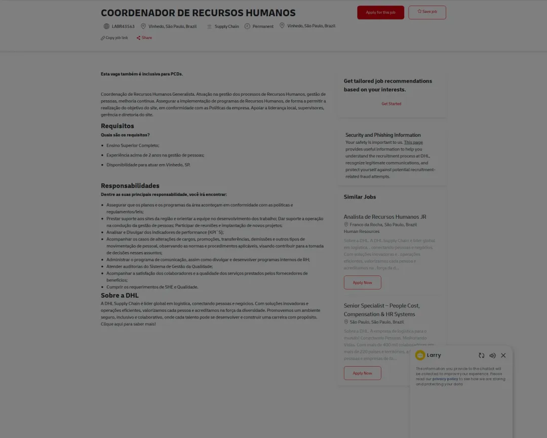 DHL COORDENADOR DE RECURSOS HUMANOS 채용공고