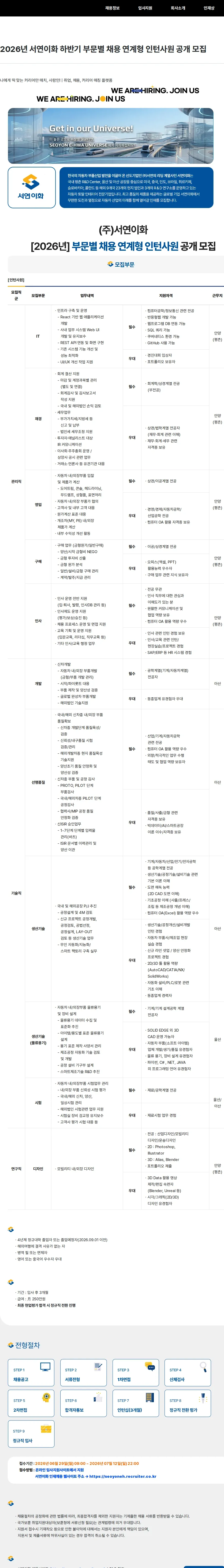 서연이화 2026년 서연이화 하반기 부문별 채용 연계형 인턴사원 공개 모집 채용공고