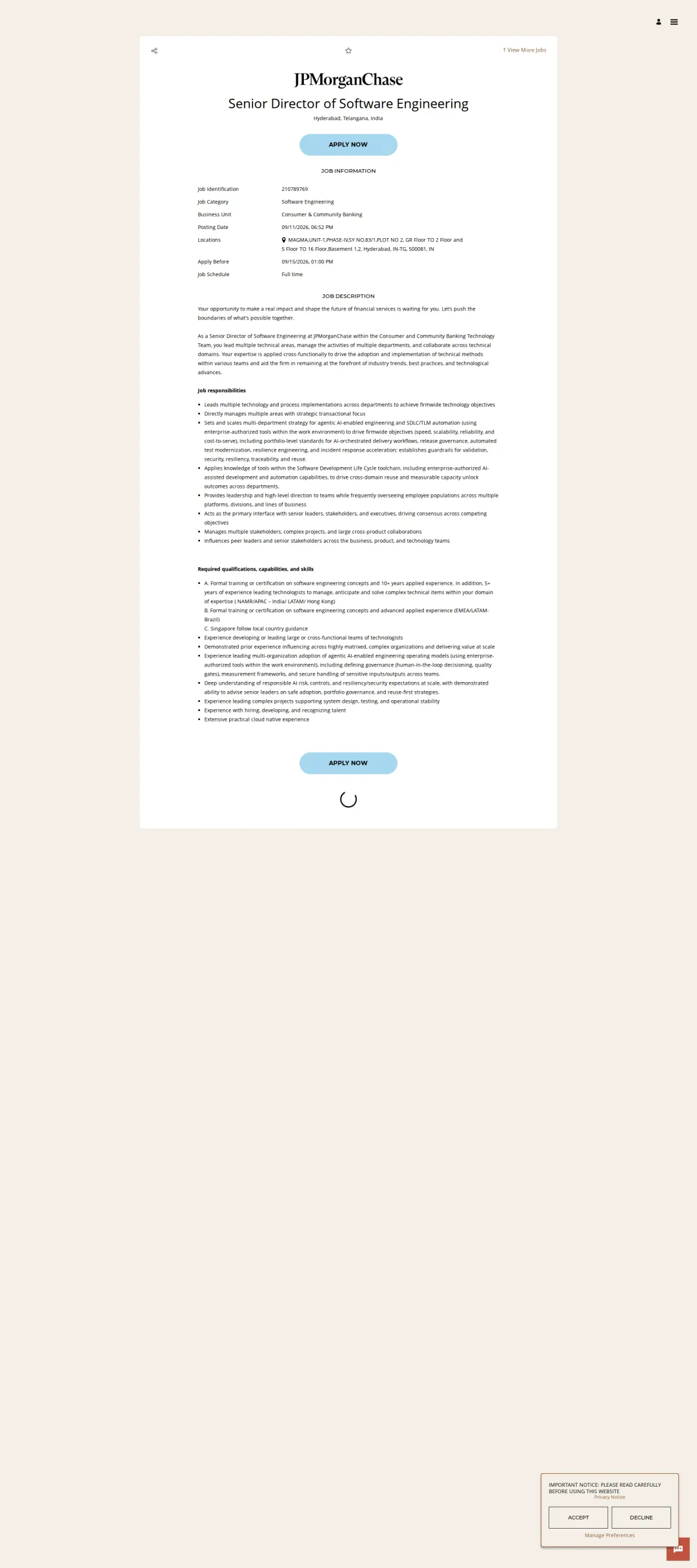 JPMorganChase Senior Director of Software Engineering 채용공고