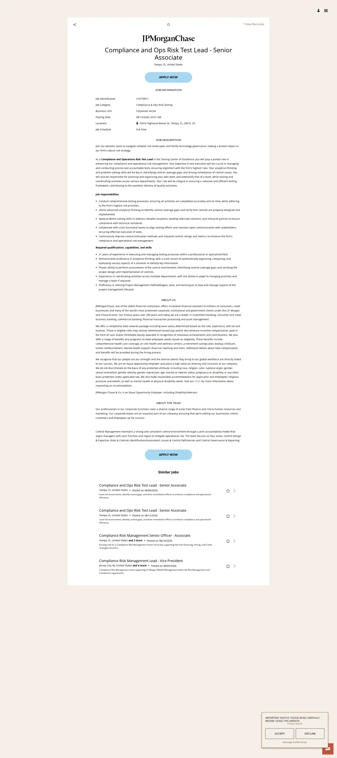 JPMorganChase Compliance and Ops Risk Test Lead - Senior Associate 채용공고