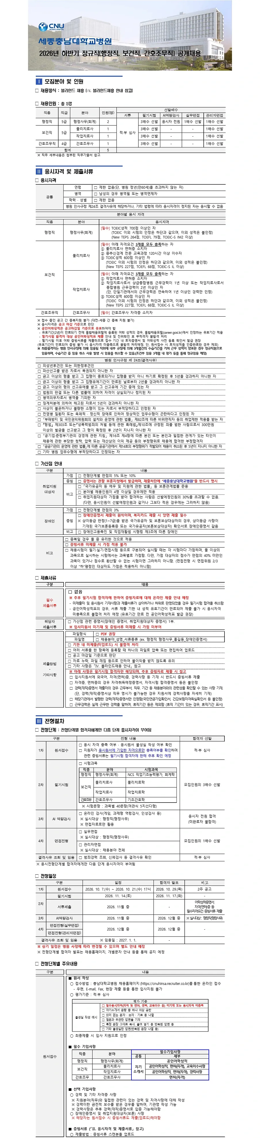 충남대학교병원 [세종] 2026년 하반기 세종충남대학교병원 정규직(행정직, 보건직, 간호조무직) 공개채용 #공채 채용공고