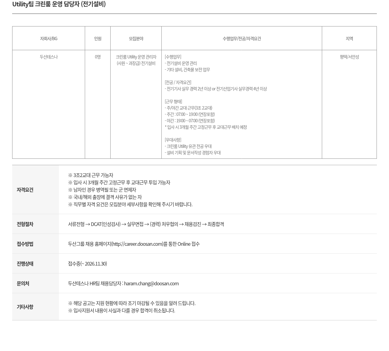 두산테스나 두산테스나 Utility 팀 크린룸 운영 담당자 (전기 설비) 채용 채용공고