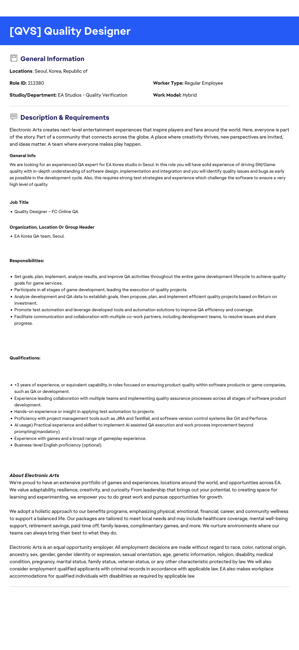ElectronicArts Quality Designer - FC Online QA 채용공고