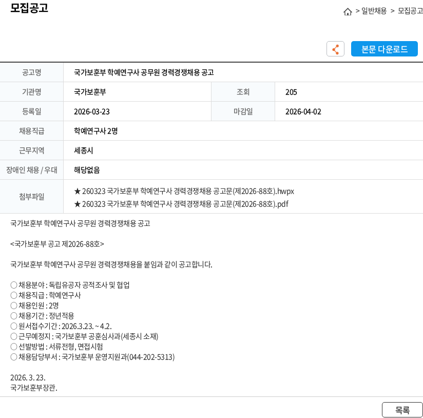 국가보훈부 국가보훈부 학예연구사 공무원 경력경쟁채용 공고 채용공고