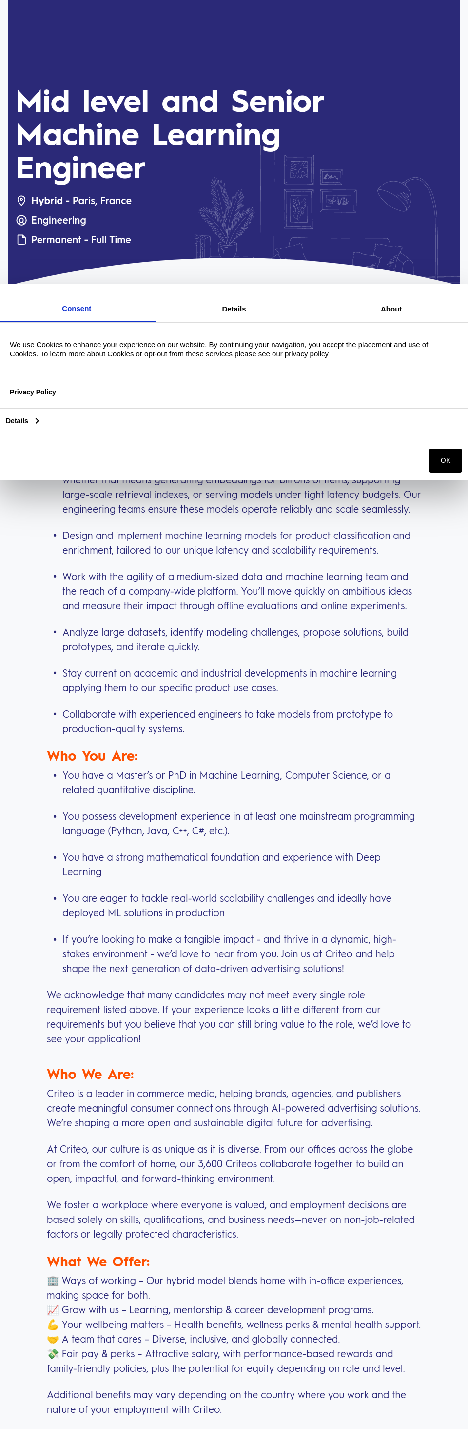 크리테오 Mid level and Senior Machine Learning Engineer 채용공고