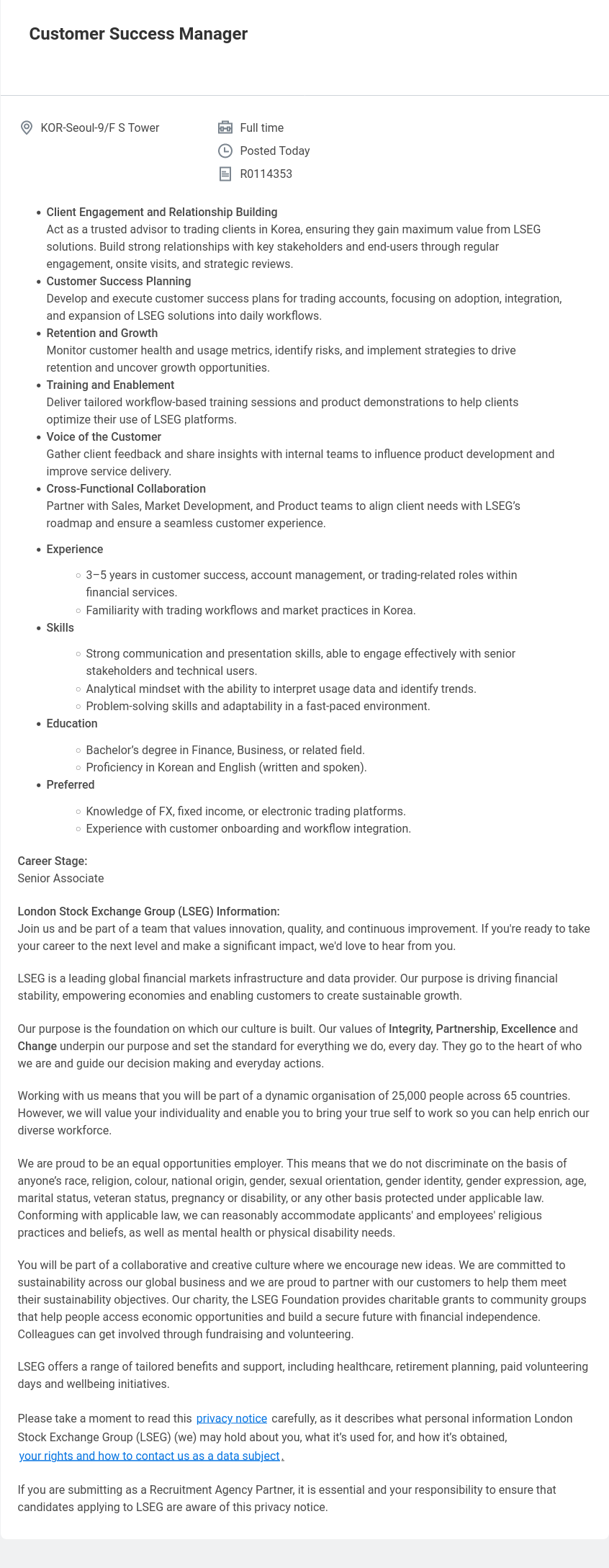 레피니티브코리아 Customer Success Manager 채용공고
