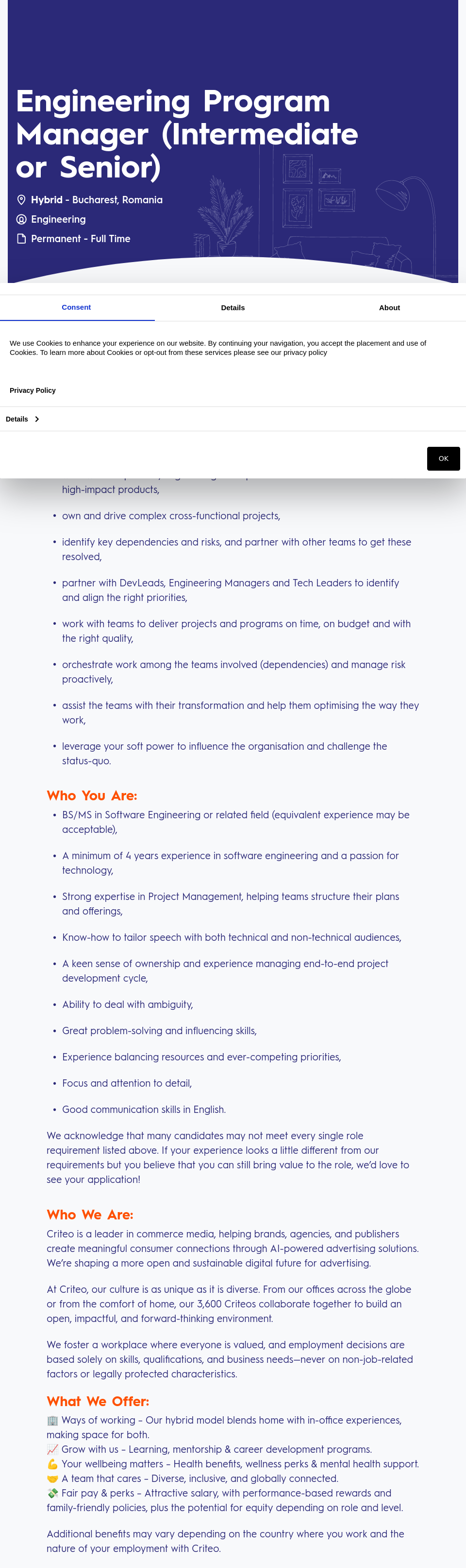 크리테오 Engineering Program Manager (Intermediate or Senior) 채용공고
