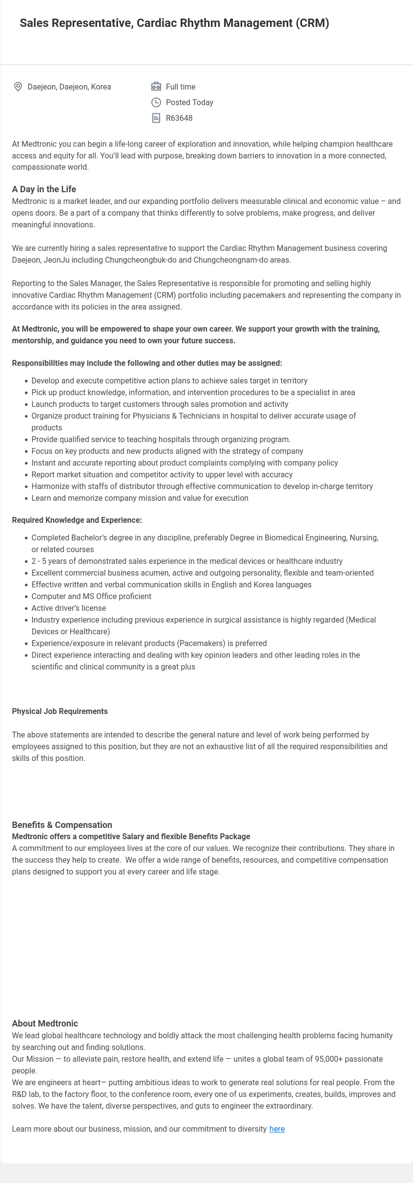 메드트로닉 Sales Representative, Cardiac Rhythm Management (CRM) 채용공고