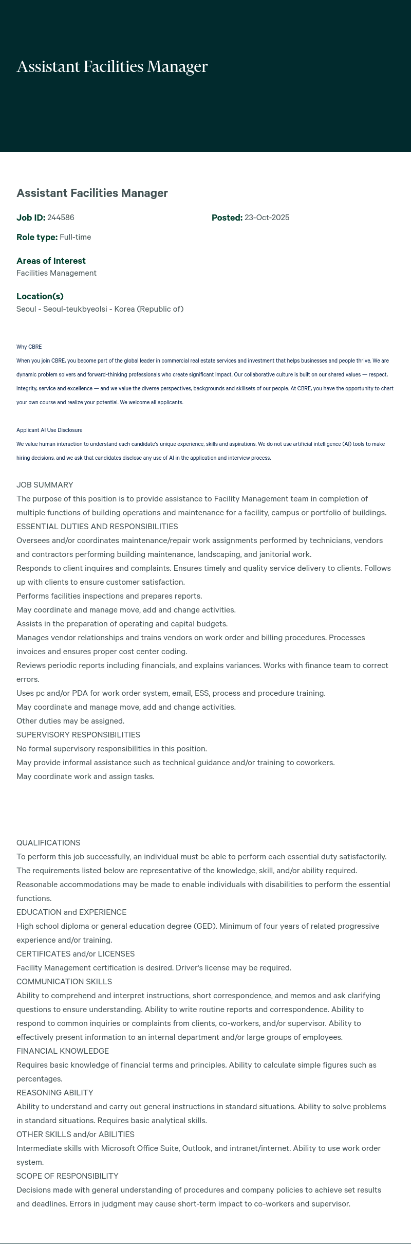 CBRE코리아 Assistant Facilities Manager 채용공고